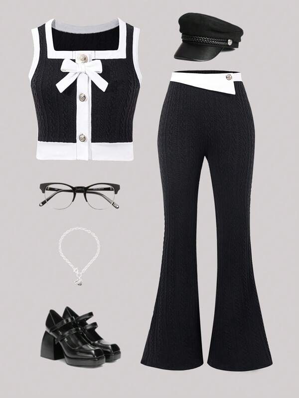 2pcs/Set Girls Knitted Casual Contrast Color Vest & Black 3/4 Pants, Spring/Summer