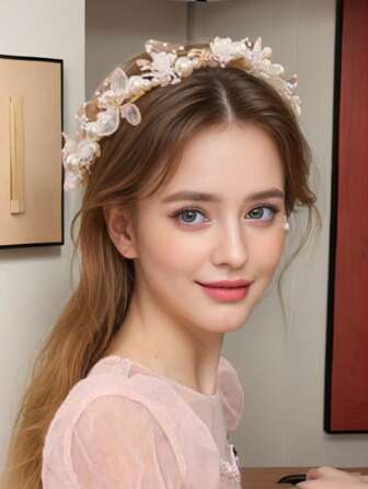 1 pièce Couronne de fleurs avec style naturel rêveur, décorée de fleurs, de perles et de rubans. Convient pour les demoiselles d'honneur et les princesses