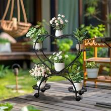 UNHO Vertical Plant Stand: 6 Potted Heart-Shaped Metal Plant Stand On Wheels Garden Cart Flower Pots Organizer Rack For Patio, Porches, Balcony Planters - 黑色 - 查看 6