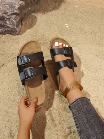 女士户外经典复古优雅黑色沙滩厚底凉鞋，舒适