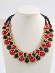 1pc Fashionable Crystal Pearl Beaded Double Row Necklace For Women