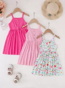 3pcs/Set Young Girl Casual Off Shoulder Floral Print Dress Set, Pink, Rose Red, Suitable For Party, Leisure, Vacation, Outdoor And Home Wear, Summer - Multicolor - View 1