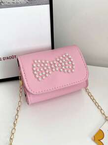 1pc Pu Magnet Closure Fashion Cartoon Mini Solid Color Pearl Bow Chain Shoulder Messenger Bag, Niche Design Cute Coin Purse Suitable For A Variety Of Occasions Comfortable Shoulder Straps Versatile Not Picky, Suitable For Outdoor, Play, Commuting, School Use, Is A Perfect Gift For Girls - Pearl Coin Purse - View 5