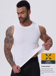 男士无袖T恤上衣，轻盈弹力，速干压缩舒适条纹面料，适合跑步、户外运动、日常休闲、健身训练，透气凉爽的打底衫。男士夏季篮球压缩无袖上衣，高弹透气圆领吊带运动上衣 - 白色 - 查看 4