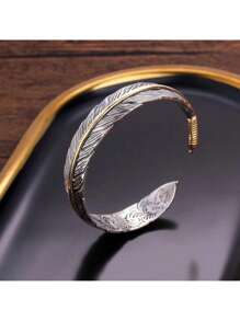 1 件装复古镀银宽羽毛袖口手链男女可调节复古扭曲羽毛手链礼物珠宝