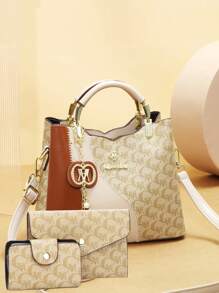 全新时尚高端三件套母女包印花女士手提包 - 卡其色 - 查看 7