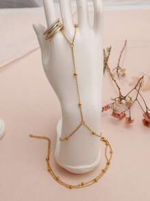 3er Set Goldene Ringe zum Stapeln mit Fingerarmband für Frauen, 14 Karat vergoldete Ringe, massive stapelbare Ringe mit kubischen Zirkoniasteinen, Goldperlen mit Fingerarmband Set, Geburtstagsgeschenk, Party Deko, modischer Schmuck Geschenkartikel