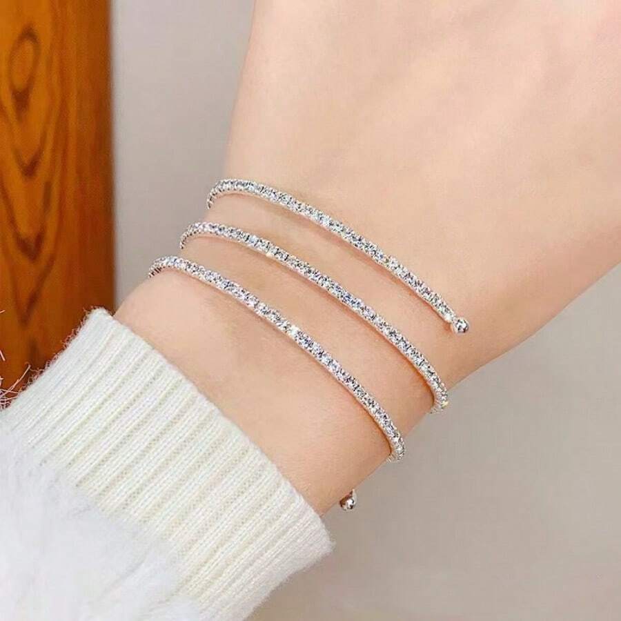 1pc European & American Fashion 3-Row Hollow Bracelet, Sweet Rhinestone Bangle, Charming Party Accessory, Ideal Gift For Girlfriend