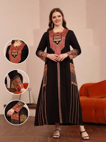 2026 New Style Ramadan Traditional Elegant Long Sleeve Dress, Colorful Gold Embroidery Arabic Women Clothing JALABIA - Black - View 2