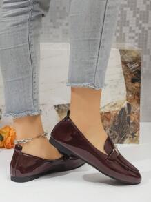 女士单扣装饰休闲一脚蹬镜面平底鞋 - 酒紅色 - 查看 4