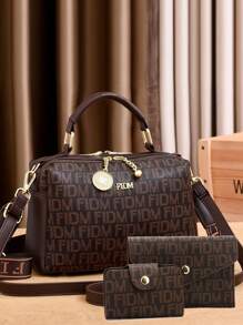 Conjunto de 3 Peças de Bolsas de Moda Feminina - Sacola Casual Versátil com Carteira, Marrom Café, Couro Sintético, Fechamento com Zíper, Estampado, Acabamento com Desenho de Cordão - Para Mulheres - Adequado para Uso Diário, Compras, Encontros - Presente Perfeito para Ela