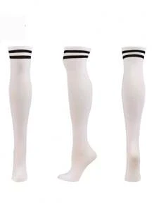 1 双女士百搭舒适时尚大腿高筒白色长筒袜，带黑色条纹，Y2K - 黑與白 - 查看 3