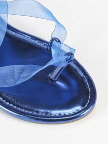 Thin Mesh Lace-Up Flat Sandals, Sweet See-Through Blue Rome Design, Versatile Soft Bottom Comfortable Shoes For Women - Royal Blue - View 4