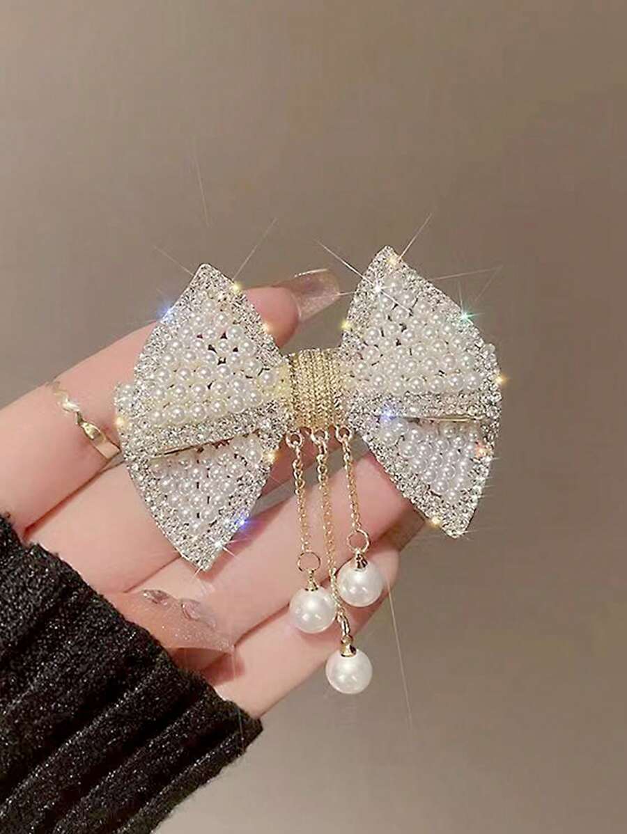1件蝴蝶结流苏珍珠发饰,多功能发夹,适合女孩,优雅时尚 - 白色 - 查看 1