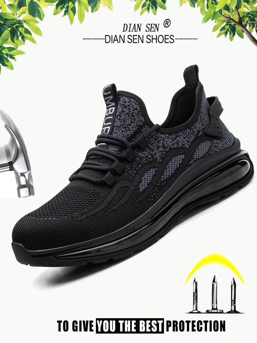 Men Steel Toe Work Sneakers, Fly‑Knit Upper Mesh Lining PU Air Cushion Sole, Anti‑Smashing Puncture‑Resistant For Outdoor Work - Black - View 1