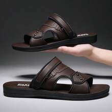Men's Fashionable Hollow PU Open Toe Slip-On Sandals, Non-Slip Outdoor Beach Shoes, Breathable And Comfortable Business Casual Slides - Brown - View 3