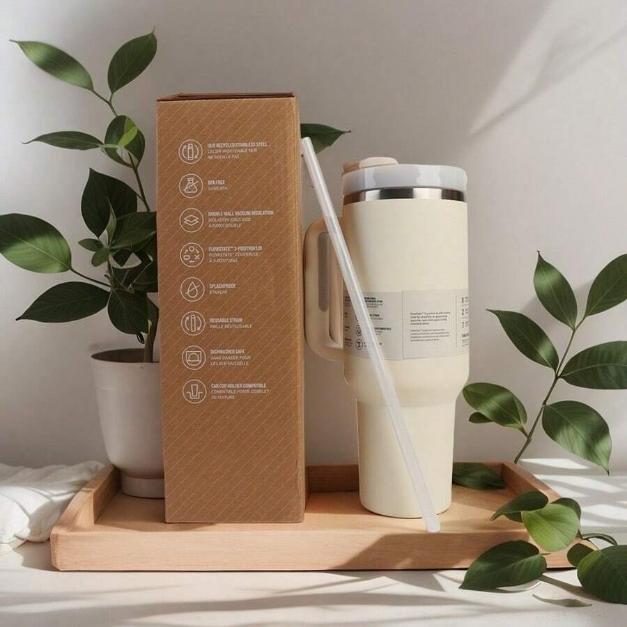 Compatible With Stanley Cup 40 Oz, 40oz Tumbler With Handle, Vacuum Insulated Water Bottle, Insulated Cup, Leak-Proof Lid And Straw, Stainless Steel Coffee Mug, Keeps Drinks Cold And Hot, Ideal For Water, Iced Tea, Coffee, Smoothies, And More - 奶油 - 查看 1