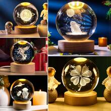 1pc Beautiful Crystal Ball Night Light, 3D Crystal Ball Night Light Warm Light Switch LED Space Decoration, Crystal Ball Sphere Decorative Light With LED Base, Galaxy Cluster'saturn Moon'solar System Milky Way, Rabbit Watching The Moon, Jellyfish, Starry Sky Walk, Four-Leaf Clover Or Unicorn Crystal Ball Desktop Lighting, Home, Bedroom Decorative Light, Bedroom Ornaments, Creative Valentine's Day, Gift, Gift For Boys And Girls