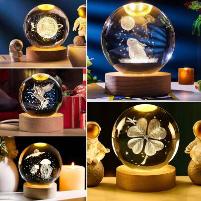 1 pièce Magnifique boule de cristal veilleuse, 3D boule de cristal veilleuse lumière chaude interrupteur LED décoration d'espace, boule de cristal sphère lumière décorative avec base LED, grappe de galaxie "lune de Saturne" système solaire voie lactée, lapin regardant la lune, méduse, promenade dans le ciel étoilé, trèfle à quatre feuilles ou boule de cristal de licorne veilleuse de bureau, décoration de la maison, de la chambre, décoration de chambre, cadeau de la Saint-Valentin créative, cadeau pour garçons et filles
