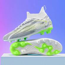 Cleats Football/Soccer Shoes For Men & Women, Outdoor Sports Trainers With TF Spikes, Suitable For Artificial Turf & Natural Grass, Anti-Slip Wear-Resistant Comfortable Leather Shoes, Purple/Black/White/Moonlight, High-Top Youth World Cup, Best Offer, Lowest Price - White - View 4