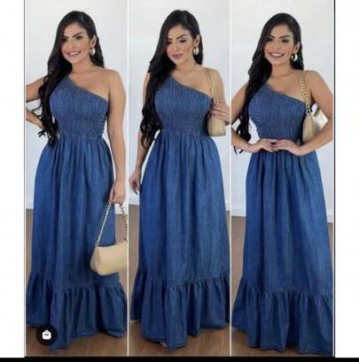 Vestido jeans feminina longo nula manga