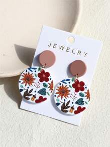 1 Pair Women Daisy Flower Printed Clay Texture Cute Elegant Acrylic Round Earrings - Multicolor - View 2