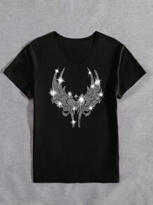 女士火焰心水钻印花 V 领短袖 T 恤，休闲装适合春夏季假期和日常外出 - 黑色 - 查看 2