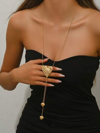 1 st. trendigt minimalistiskt guldhjärta, sjöstjärna, rosettknut, glasstrass-tofs, strass-tofs, halsband med infälld ädelsten och konstpärla, hjärthänge i rosmönster, kedjespänne i koppar med ormben, minimalistiskt Y-format långt halsband för kvinnor, lämpligt för kvinnors semester, festkläder