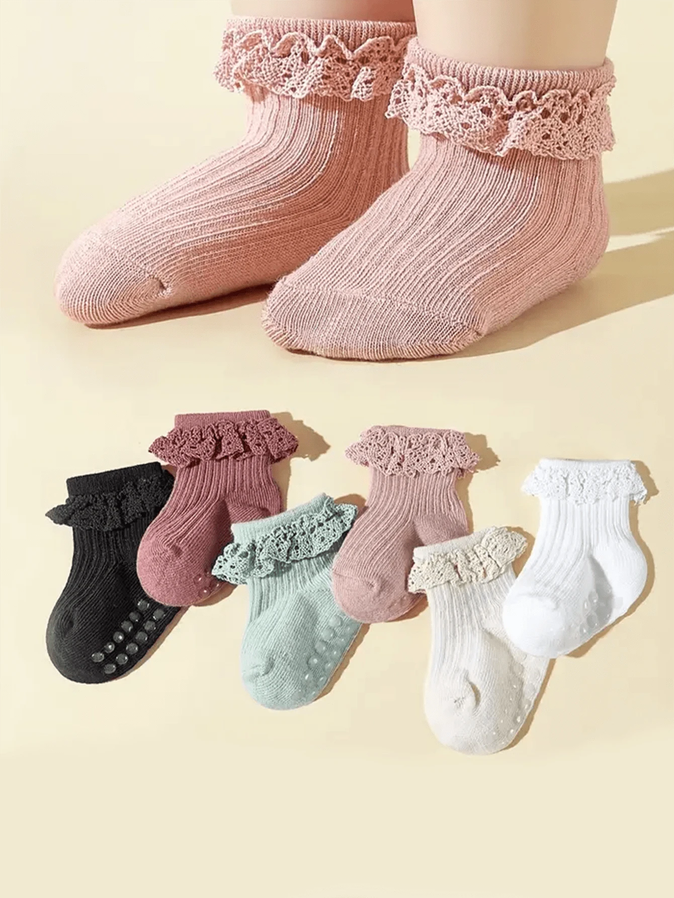 5/6 Pairs Girls Lace Socks, Anti-Slip Mid-Calf Socks For Spring/Summer - Multicolor - View 1