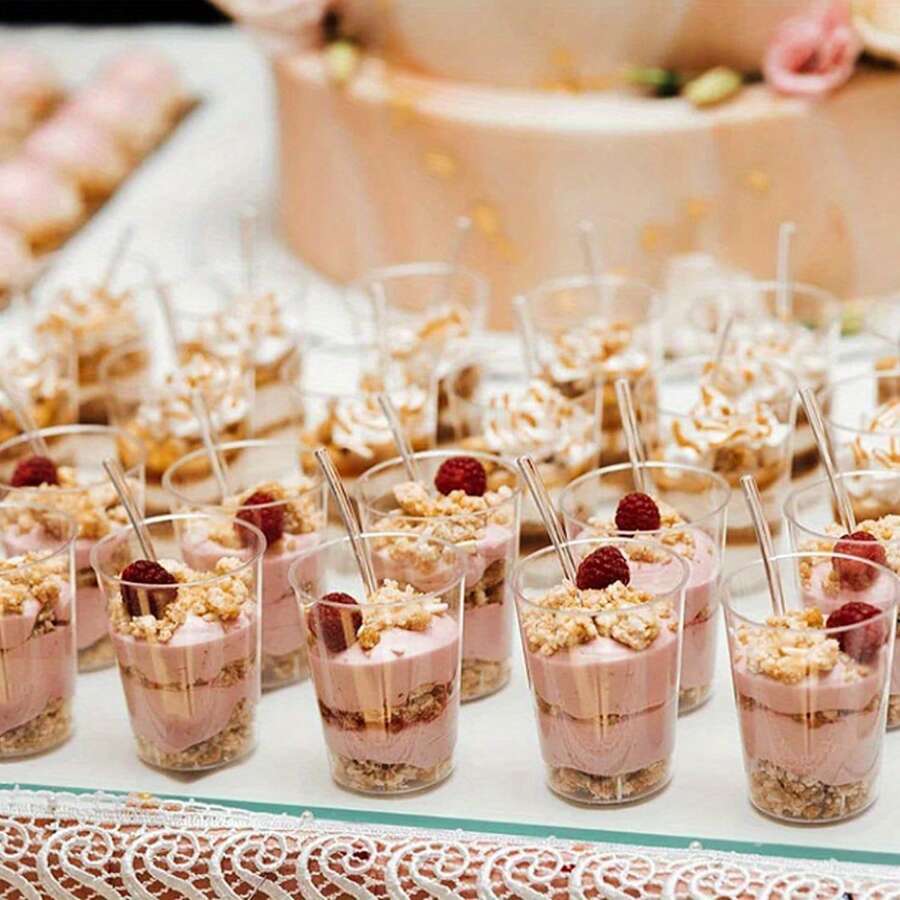 5/50pcs 5 Oz Dessert Cups With Spoons ,Tiramisu Cup Shooting Dessert Cup Clear Plastic Parfait Cups Round Appetizer Cups Fruit, Pudding, Mousse, Ice Cream, Party, Wedding, Valentine's Day New Year (An Additional 5 Spoons)