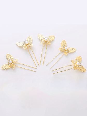 5pcs Women's U-Shaped Hair Clips, Gold Butterfly Pearl Rhinestone Bridal Hair Pins For Bun Hairstyle, Minimalist Everyday Wedding Hair Accessories