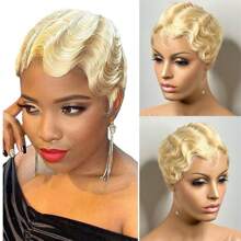 Curly Wave Finger Wave Wig Virgin Peruvian Remy Human Hair Short Pixie Cut Wigs For Women Curly Glueless Wig Full Machine Made Really Cute Finger Waves Hairstyles Short Ocean Wave Pixie Cut Wig