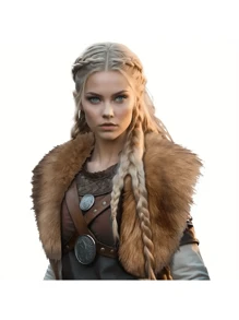 维京人角色扮演服装，仿皮草裹领斗篷，冬季大衣配腰带，带扣设计，适合万圣节，中世纪风格肩部仿皮草 - 彩色 - 查看 13