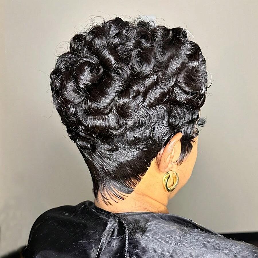 Pixie Cut Curly Human Hair Wig For Women, Short Loose Wave Style, Glueless Rose Net Cap, Non-Lace Deep Wave Wigs For Women, With Bangs Ideal Mommy Wig Perfect For Daily Use Wear