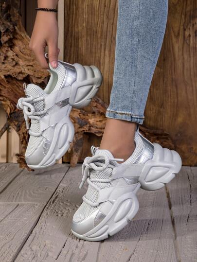 ROMWE Grunge Punk Fall/Winter Women Solid Color Mesh Thick Sport Sneakers, Lace-Up Breathable Running Shoes, Thick Bottom Chunky Sneakers