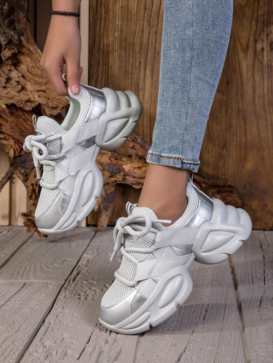 Zapatillas deportivas de mujer de unicolor, de malla gruesa para otoño/invierno, con cordones, transpirables, de suela gruesa y chunky