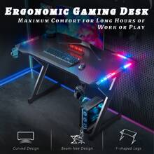 HLONONE Gaming Desk With LED Lighting, 100*55cm Gaming Table, Sturdy Computer Desk With Carbon Fiber Coating, Gamer Table With Cup Holder And Headphone Hook, Black - 黑色 - 查看 5
