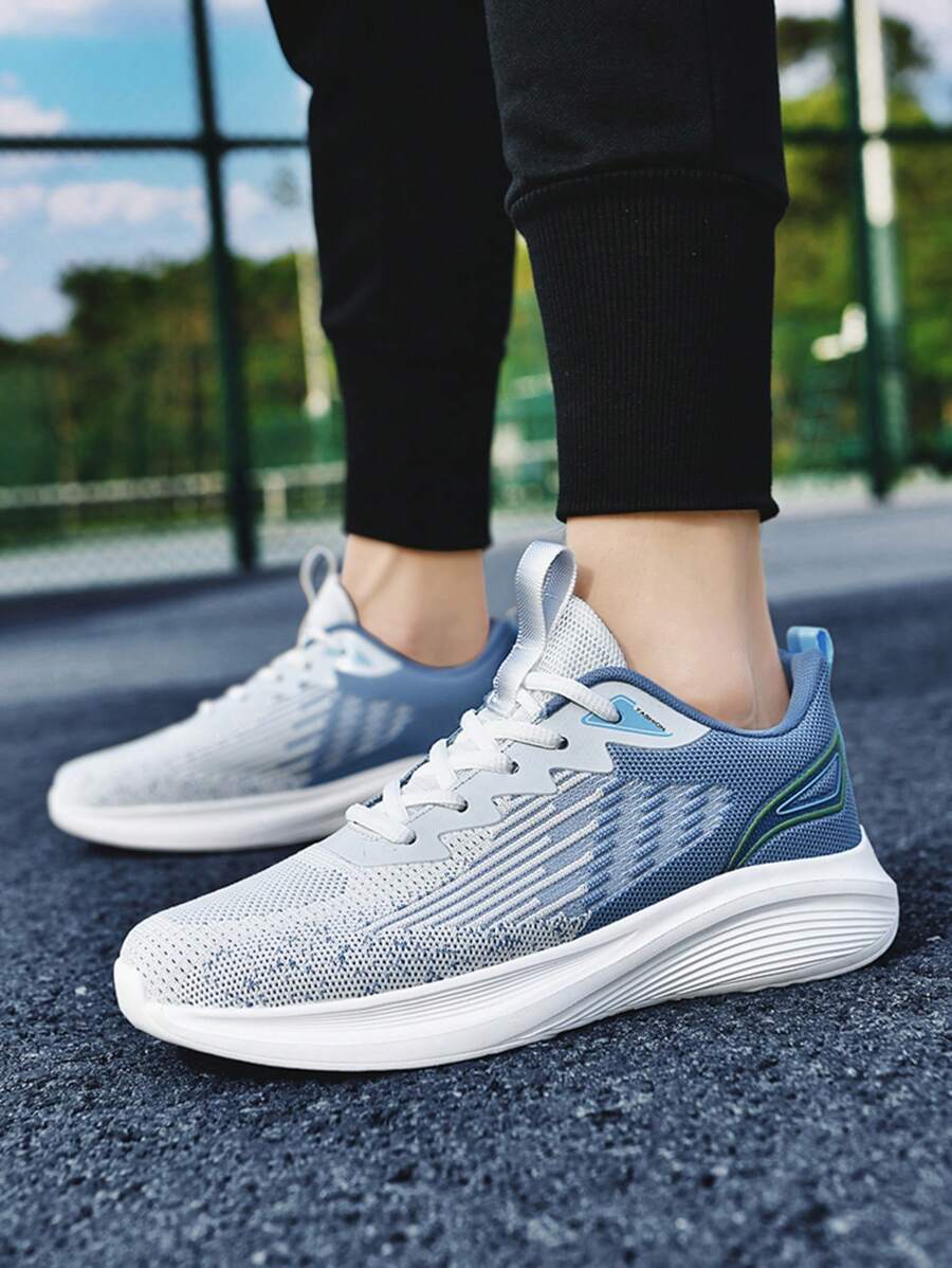 Men's Breathable Mesh Running Shoes, Summer Colorblock Lace-Up Sneakers With Shock Absorption, Lightweight Soft Sole Outdoor Sports Shoes - Blue and White - View 1