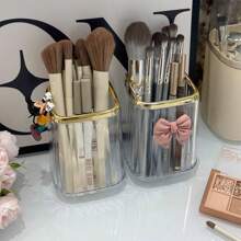 亚克力办公桌收纳盒 - 透明笔筒和收纳盒，化妆刷架，办公室和宿舍必备的塑料，带粉色蝴蝶结装饰