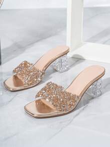 Women's Fashion Square Toe Crystal Wedge Rhinestone High Heel Sandals, Suitable For Outing, Banquet, Party And Other Events