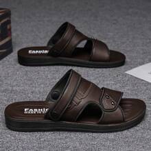 Men's Fashionable Hollow PU Open Toe Slip-On Sandals, Non-Slip Outdoor Beach Shoes, Breathable And Comfortable Business Casual Slides - Brown - View 13