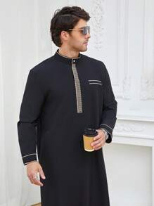 1 pieza Vestimenta tradicional cultural árabe de estilo del Medio Oriente para hombres, Túnica larga árabe de manga larga, cuello redondo, negra, elegante y sencilla, de tela de poliéster de calidad, apta para primavera/otoño - Negro - Ver 2