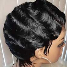Curly Wave Finger Wave Wig Virgin Peruvian Remy Human Hair Short Pixie Cut Wigs For Women Curly Glueless Wig Full Machine Made Really Cute Finger Waves Hairstyles Short Ocean Wave Pixie Cut Wig