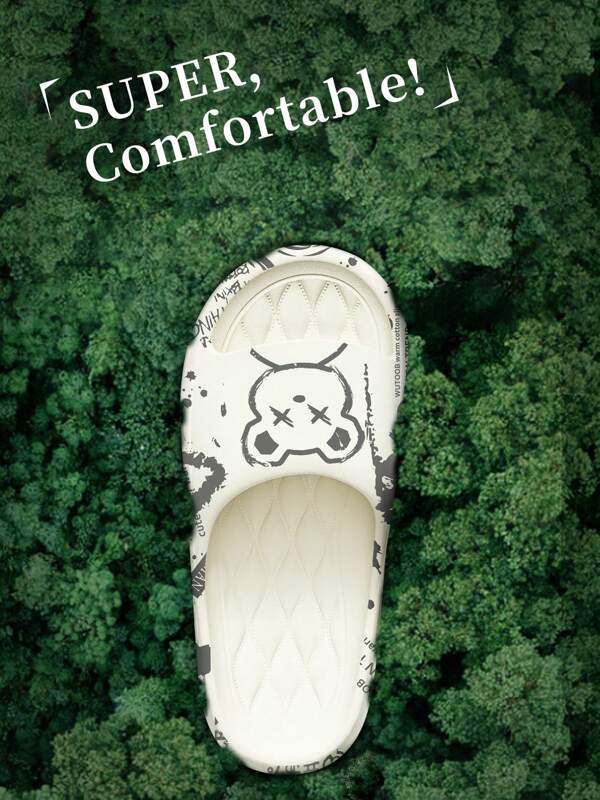 Printed Bear Men's Sandals, Soft & Lightweight EVA Material Indoor Slippers, Cute Cartoon Couple Shoes, Fashionable Slides, Suitable For Summer Wear
