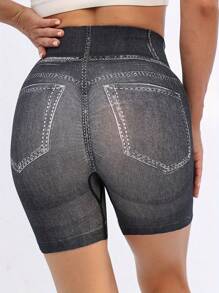 女式牛仔效果高腰瑜伽短裤，提臀弹力腰带运动短裤