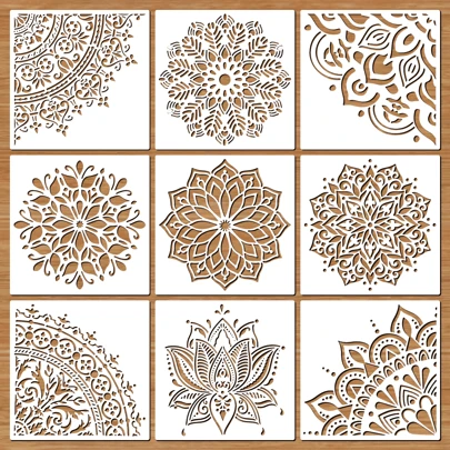 9pcs Mandala Stencil For DIY Crafts Reusable, 7x7 Inch Hollow-Out Pattern Templates, 1/4 Floral Mandala Stencils For Painting On Wood Canvas Fabric Floor Wall Tile Furniture & Christmas Decor,Back To School,School Supplies