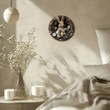 1 szt. Drewniany wiszący znak królika w stylu vintage, boho królik i wzór jajka z motywem wielkanocnego króliczka, ozdobiony wieńcem słoneczników, odpowiedni do wystroju domu w stylu wiejskim, na drzwi wejściowe, werandę, salon, sypialnię - wiosenny wystrój wnętrz/zewnątrz