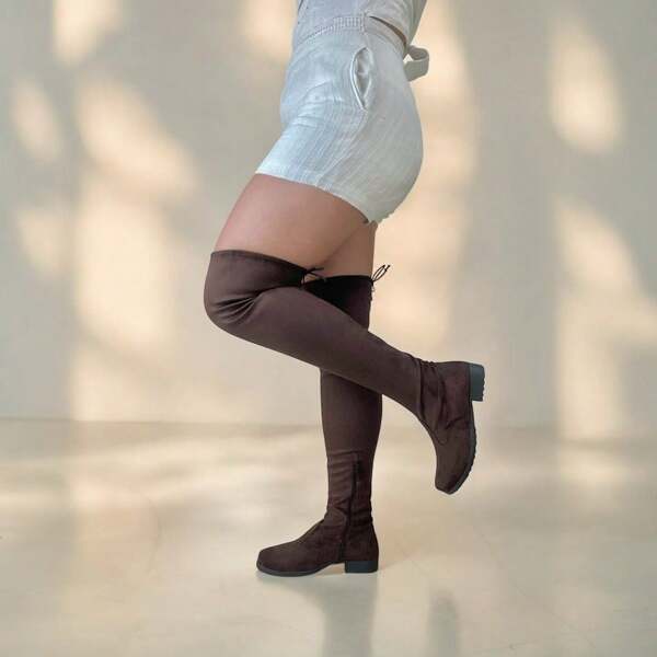 PRELICE Bota Feminina Over The Knee Salto Baixo Bico Redondo Inverno