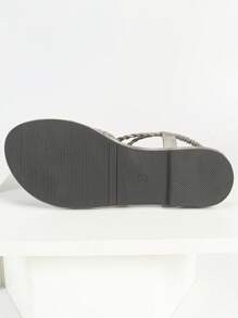 planare Women's Flat Thong Sandals, Round Toe Woven Strap, Retro Style Sandals, Elastic Strap Design,Spring Summer Outfits - Grey - View 12