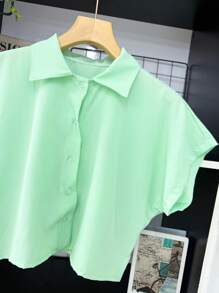 ELLIE Casual Striped Print Loose Cropped Shirt - 單色薄荷綠 - 查看 2
